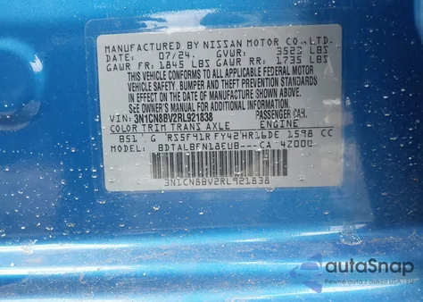 2024 Nissan Versa 1.6 S z USA, uszkodzony, nr VIN 3N1CN8BV2RL921838